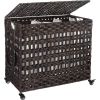 Brown PP Rattan 3-Basket Laundry Hamper Sorter Cart with Removable Cotton Bags