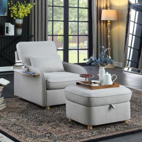 Huckleberry Light Gray Linen Accent Chair with Storage Ottoman and Folding Side Table