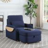 Huckleberry Blue Linen Accent Chair with Storage Ottoman and Folding Side Table